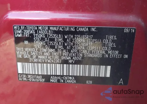 2015 Toyota Rav4 Xle z USA, uszkodzony, nr VIN 2T3RFREV1FW242363